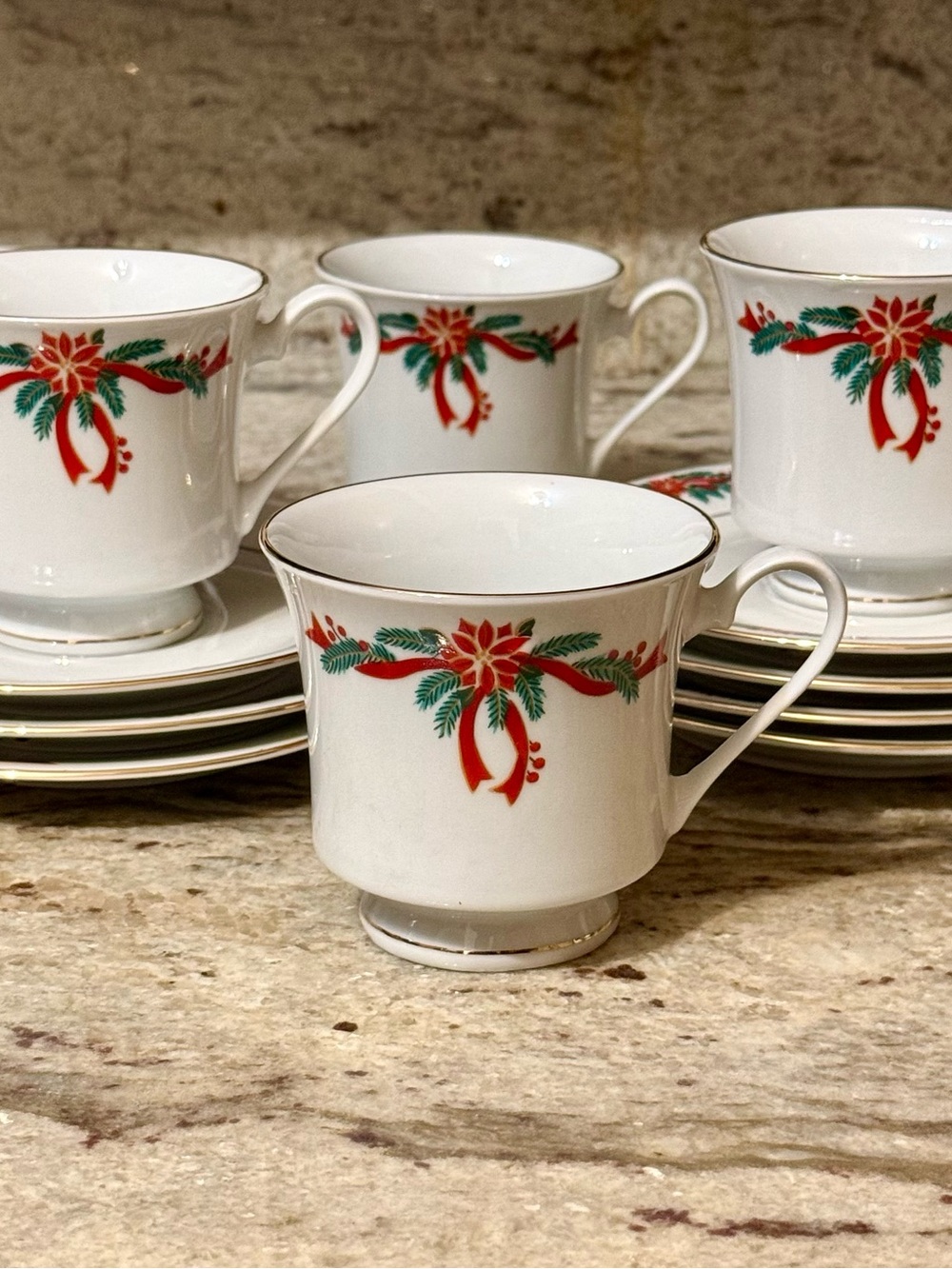 Vintage Christmas Poinsettia Ribbons fine china tea set 8 cups & 7 saucers